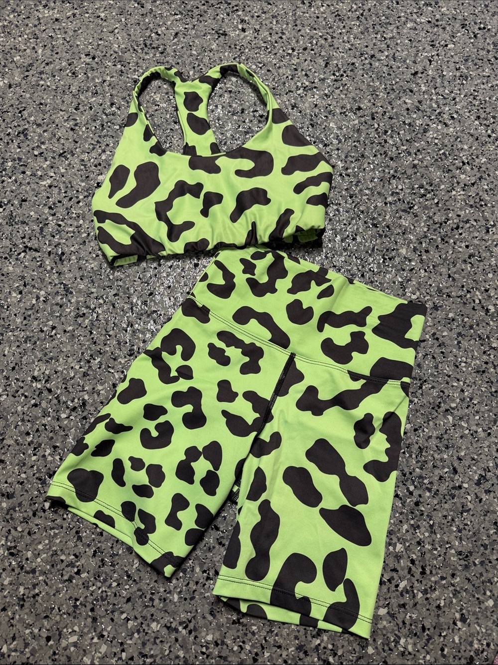 Beach Riot Green and Black Spots Bra and Biker Shorts